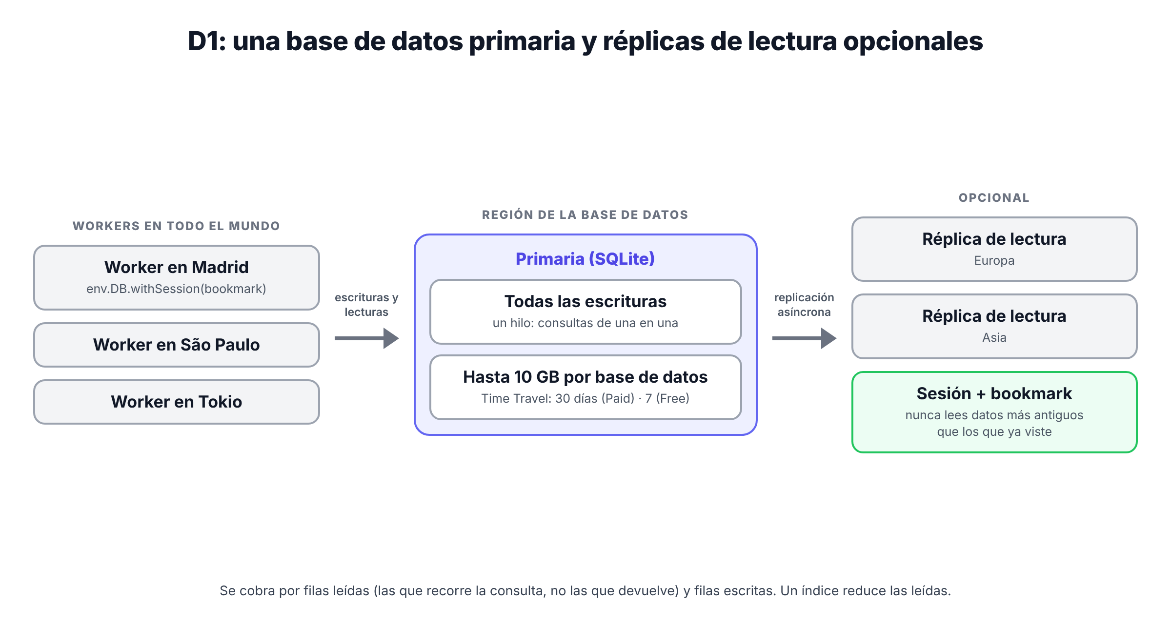Esquema de D1: los Workers de todo el mundo envían consultas a la base de datos primaria en una región; las réplicas de lectura opcionales en otras regiones atienden lecturas a través de la API de sesiones